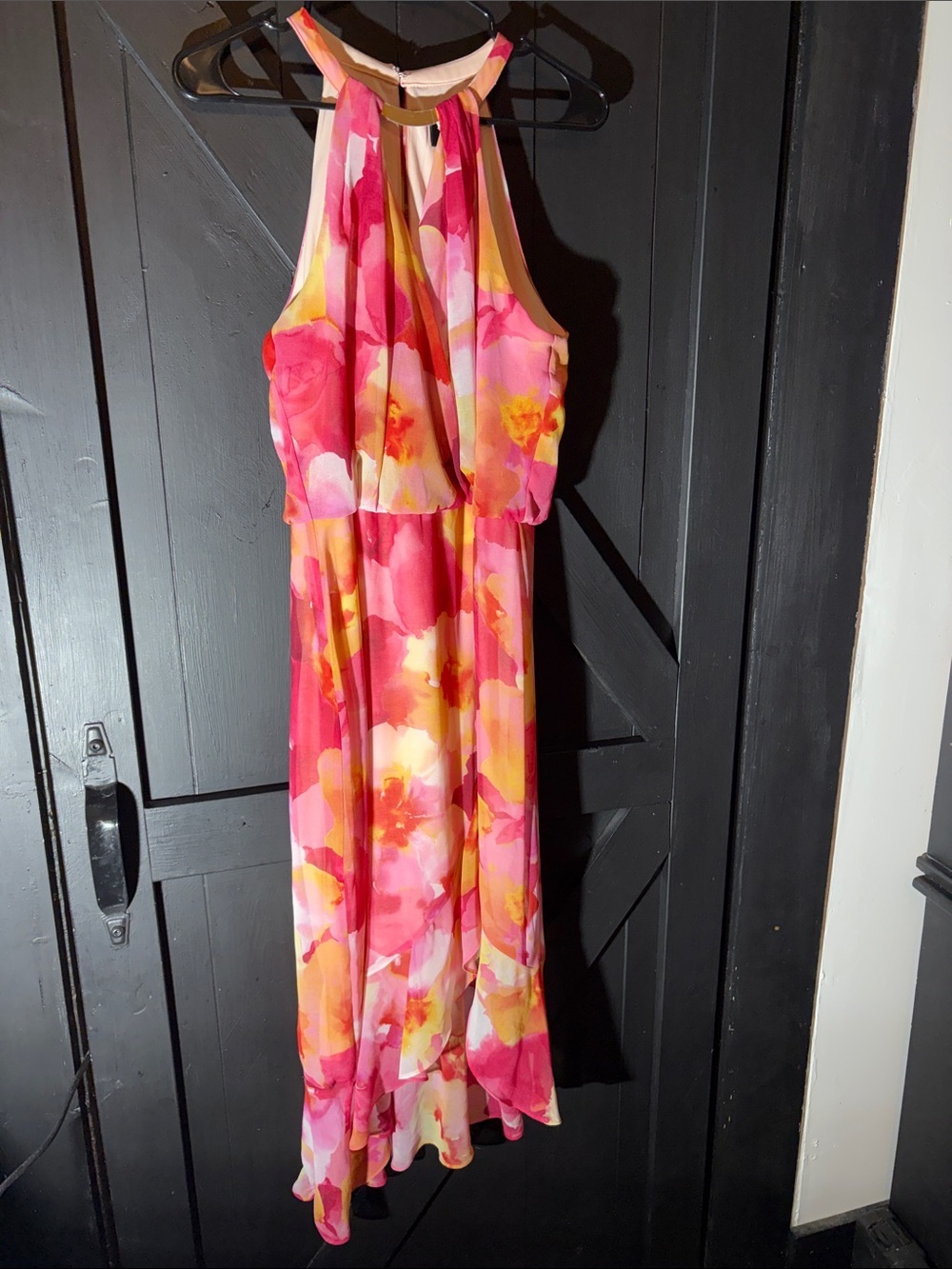 Xscape Pink and Yellow Floral Halter Maxi Dress with Ring